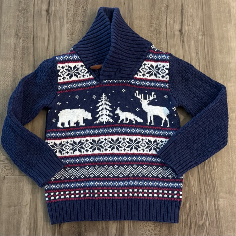 Toddler Boys Fair Isle Holiday Sweater. Polar Bear & Reindeer Winter Knit - 2T